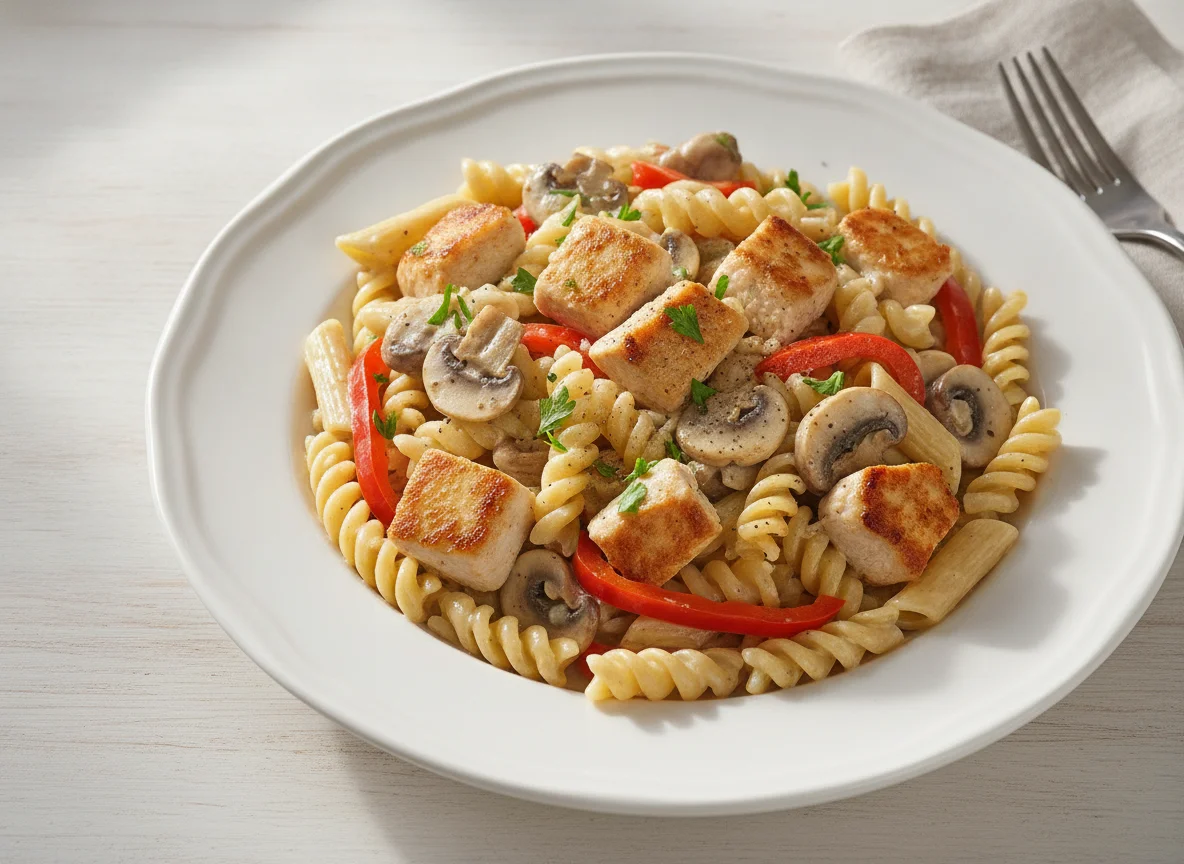 Pasta mit Hähnchen-Pilz-Rahmsauce photo