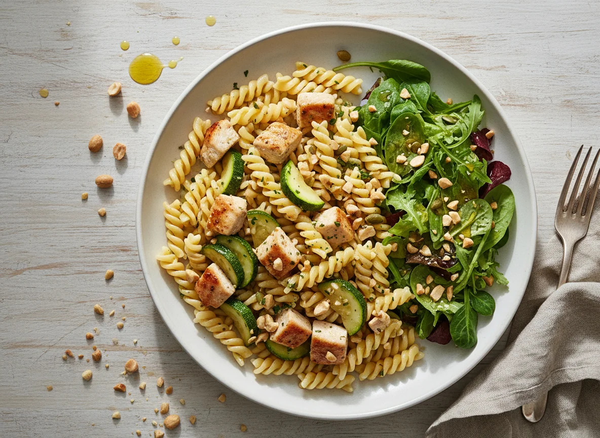 Pasta mit Huhn und Zucchini und gemischter Salat photo