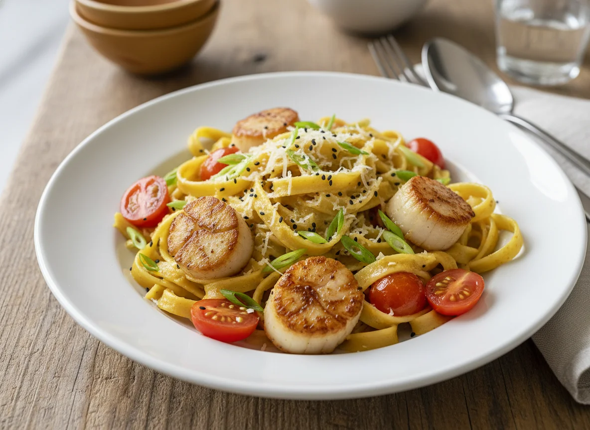 Pasta mit Jakobsmuscheln und Curry-Kokos-Soße photo