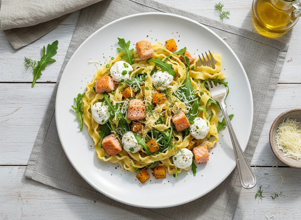 Pasta mit Lachs, Rucola und Frischkäse photo