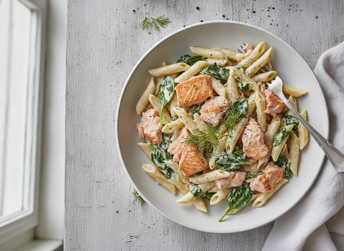 Pasta mit Lachs und Spinat in Sahnesauce photo