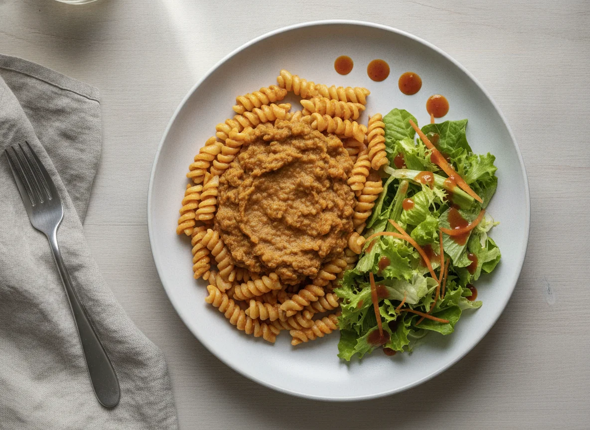 Pasta mit Linsenpüree und Salat photo