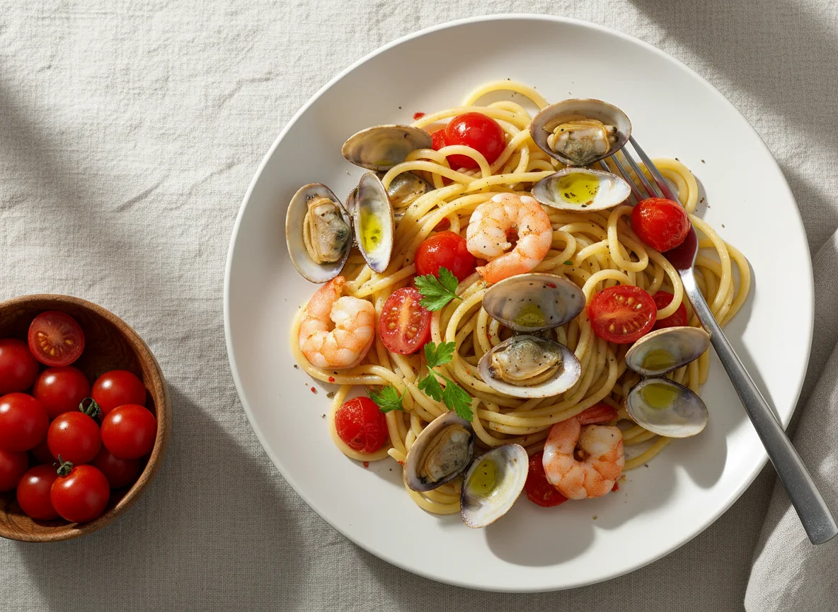 Pasta mit Meeresfrüchten und Tomaten photo