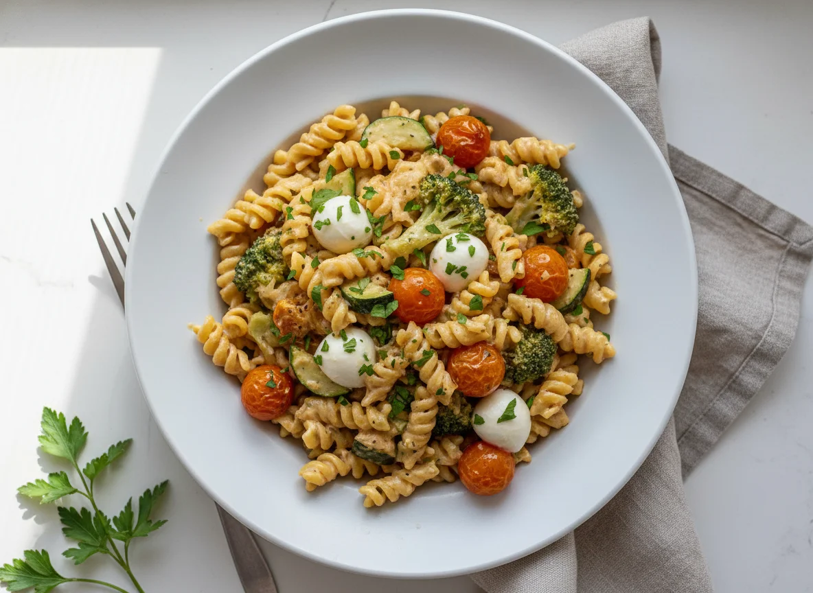 Pasta mit Mozzarella, Kirschtomaten und Gemüse photo