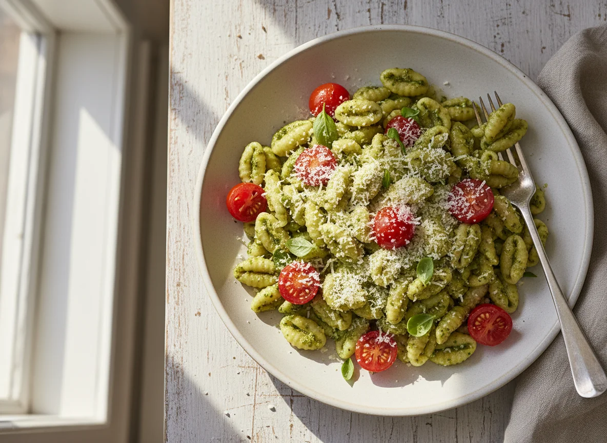 Pasta mit Pesto, Kirschtomaten und Parmesan photo