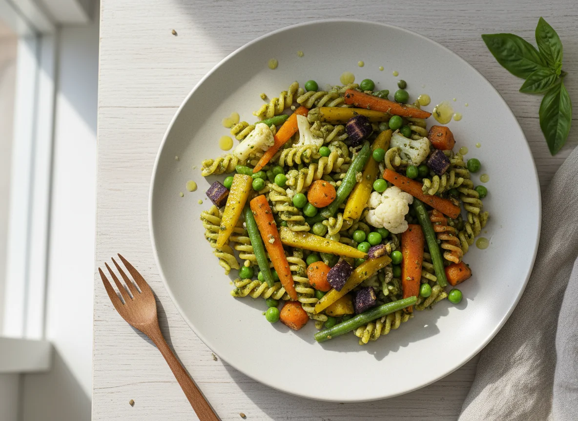Pasta mit Pesto und gemischtem Gemüse photo