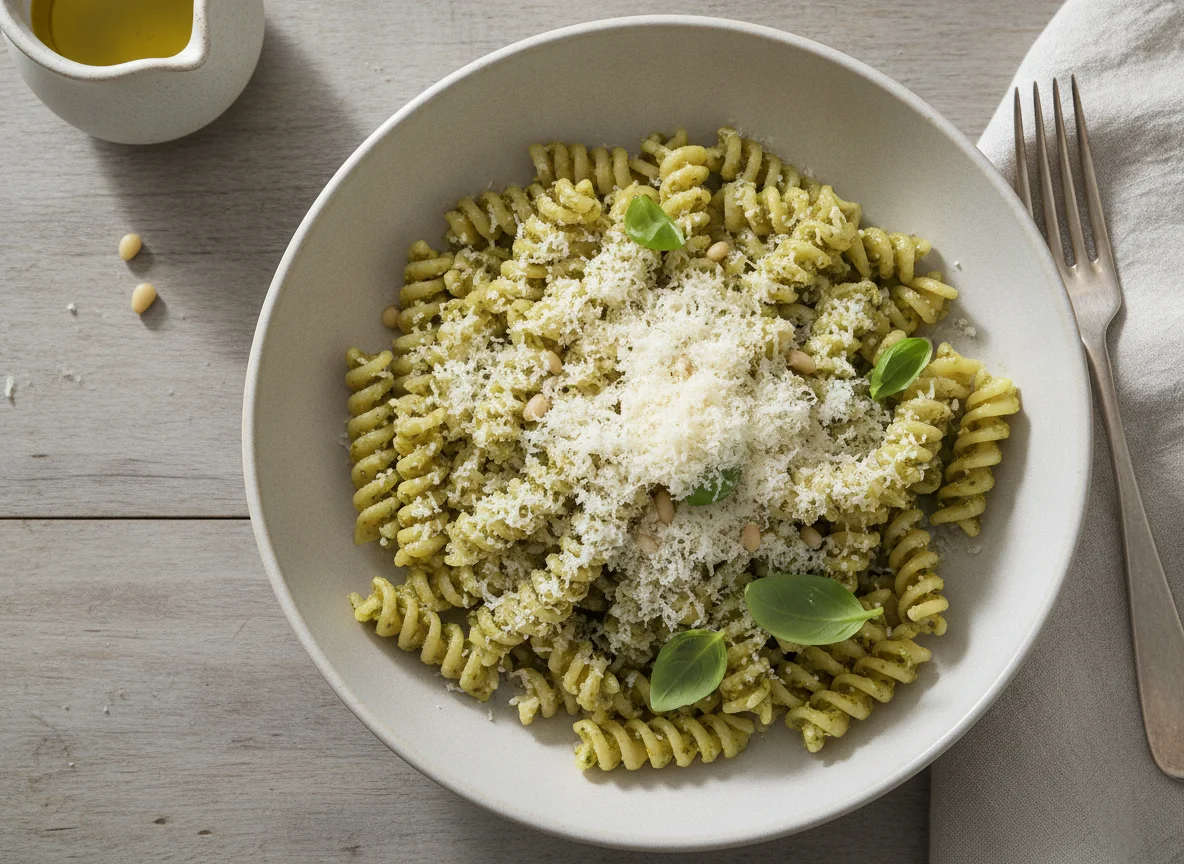 Pasta mit Pesto und geriebenem Käse photo
