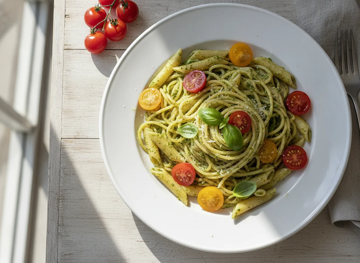 Pasta mit Pesto und Kirschtomaten photo