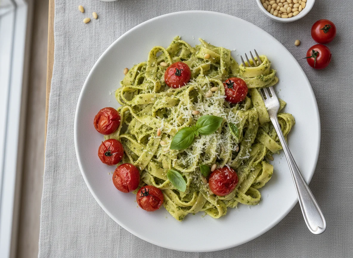 Pasta mit Pesto und Tomaten photo