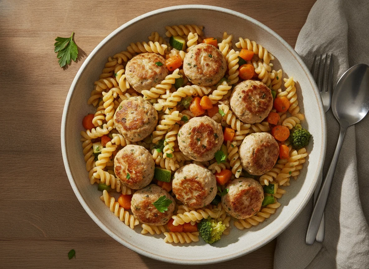 Pasta mit Pouletbällchen und Gemüse photo