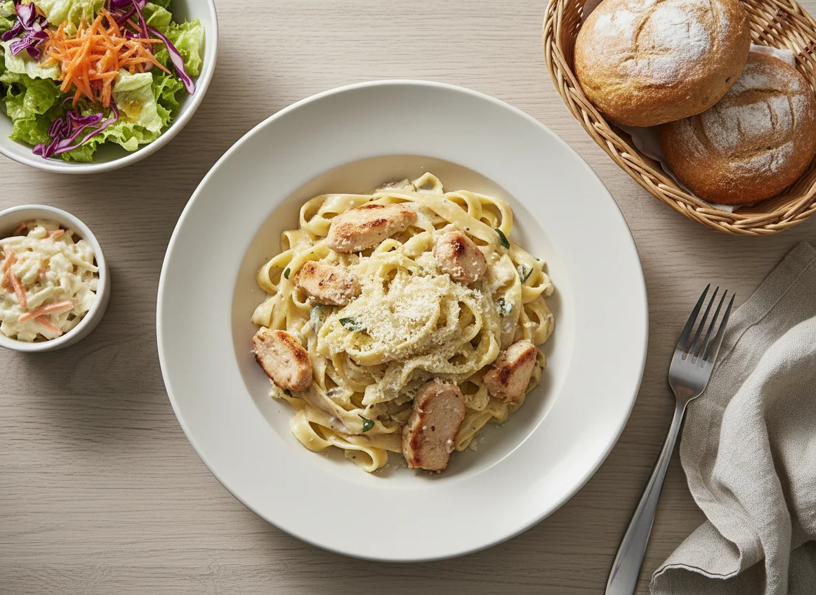Pasta mit Rahmsauce, Beilagensalat und Brötchen photo