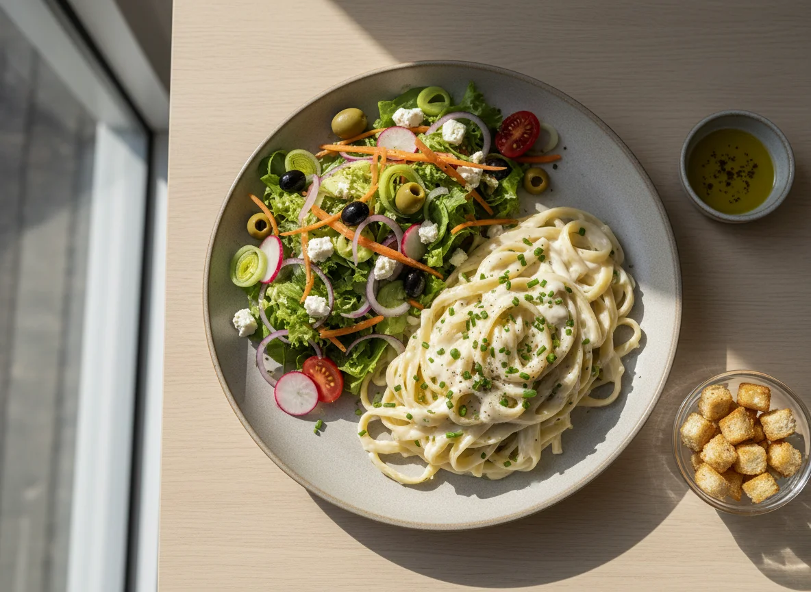 Pasta mit Rahmsoße und Gemüsesalat photo