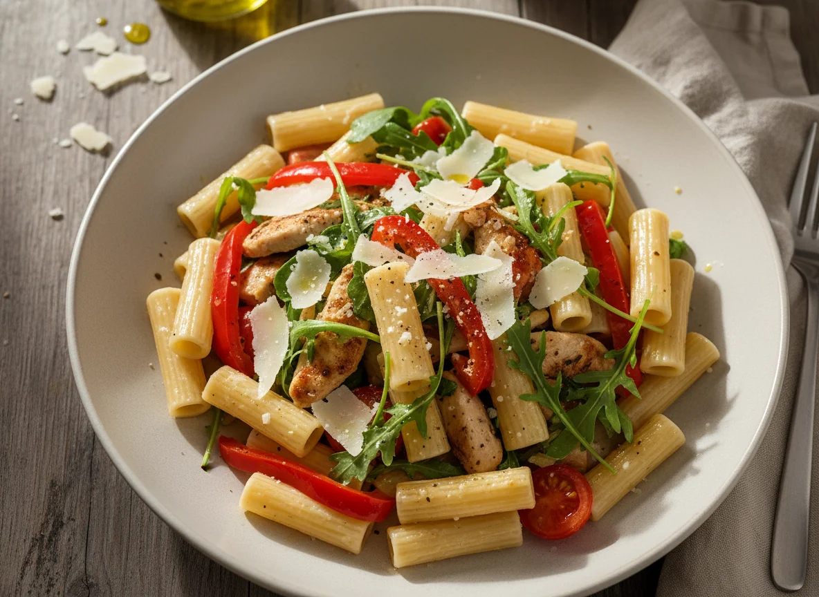 Pasta mit Rucola, Paprika, Hähnchen und Parmesan photo