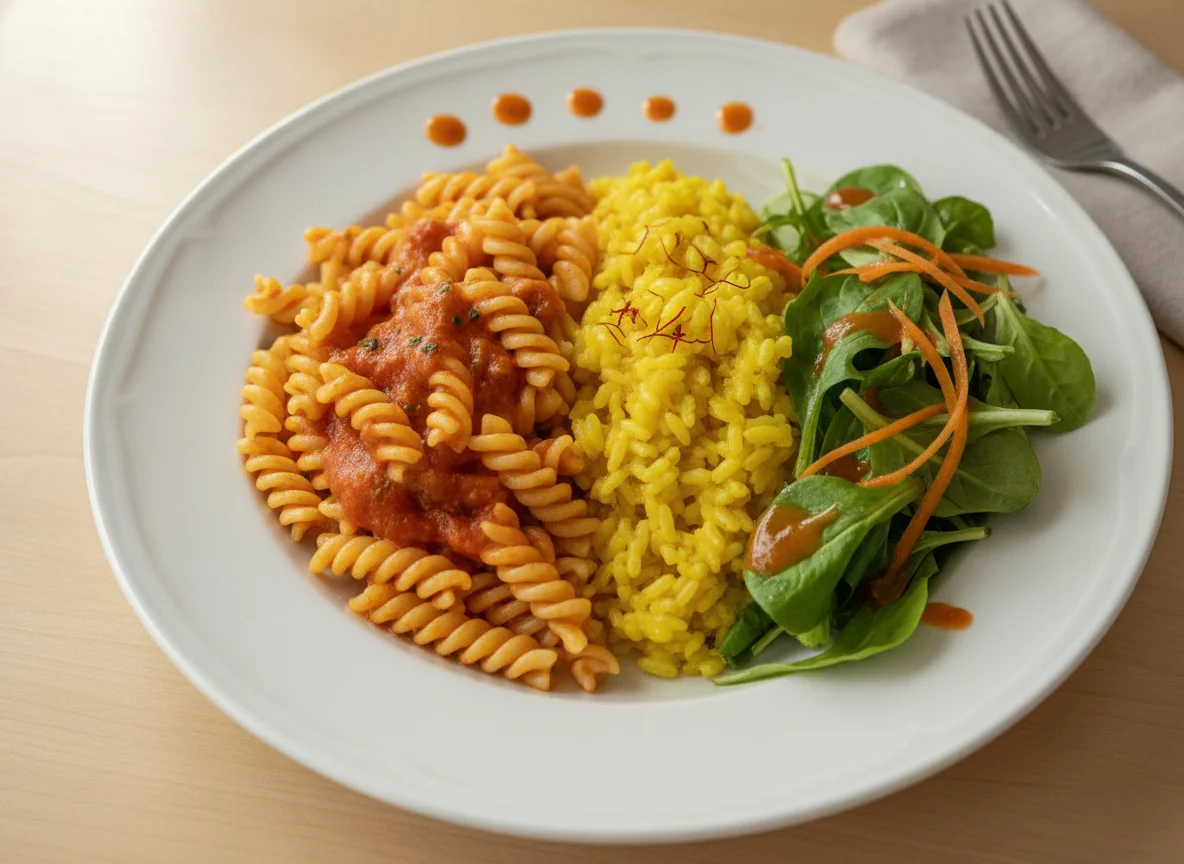 Pasta mit Safranrisotto und Salat photo
