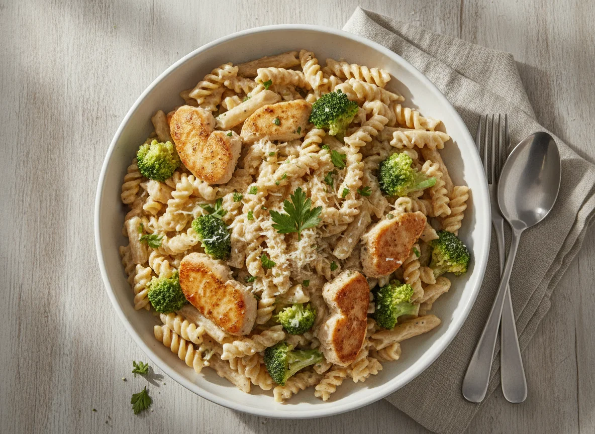 Pasta mit Sahnesauce und Hähnchen photo