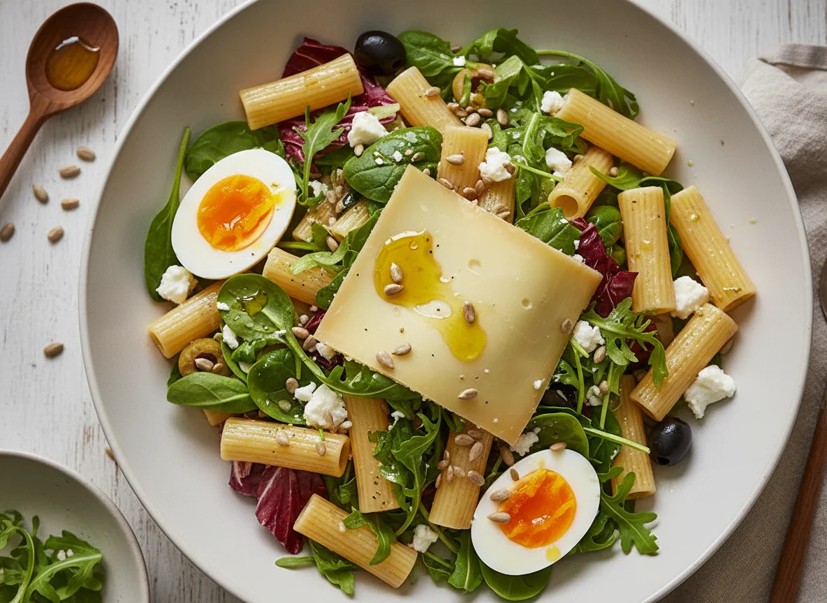 Pasta mit Salat, Käse und Eiern photo