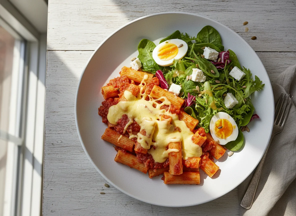 Pasta mit Salat und Käse photo
