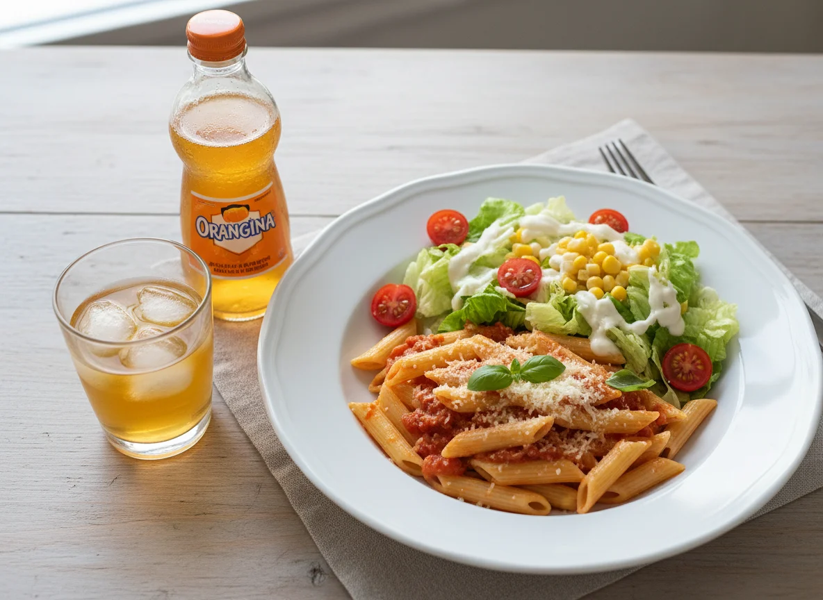 Pasta mit Salat und Orangina photo
