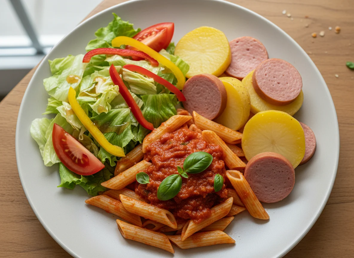 Pasta mit Salat und Wurst photo