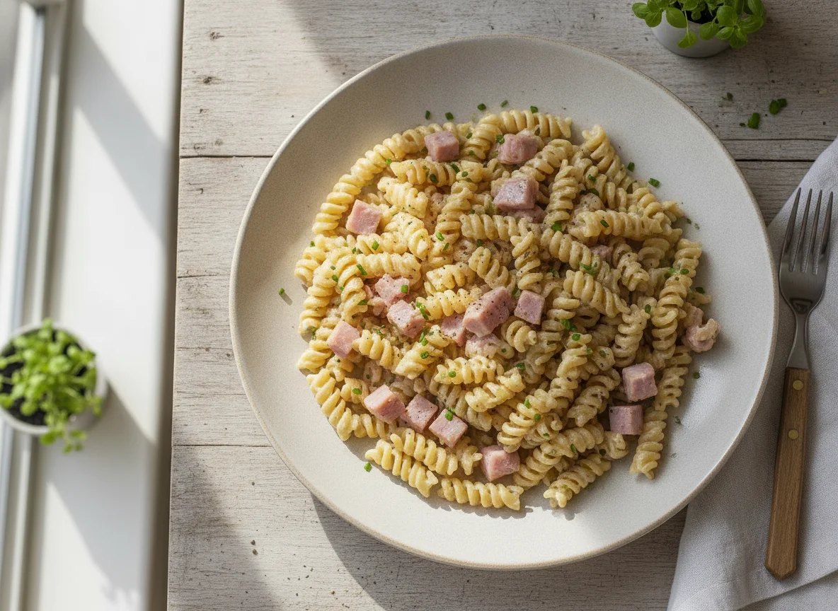 Pasta mit Schinken und Sahnesauce photo