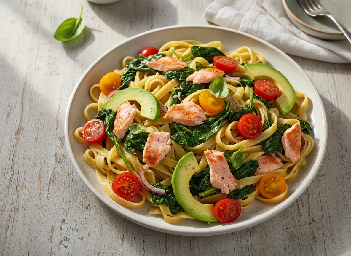 Pasta mit Spinat, Lachs, Avocado und Kirschtomaten photo