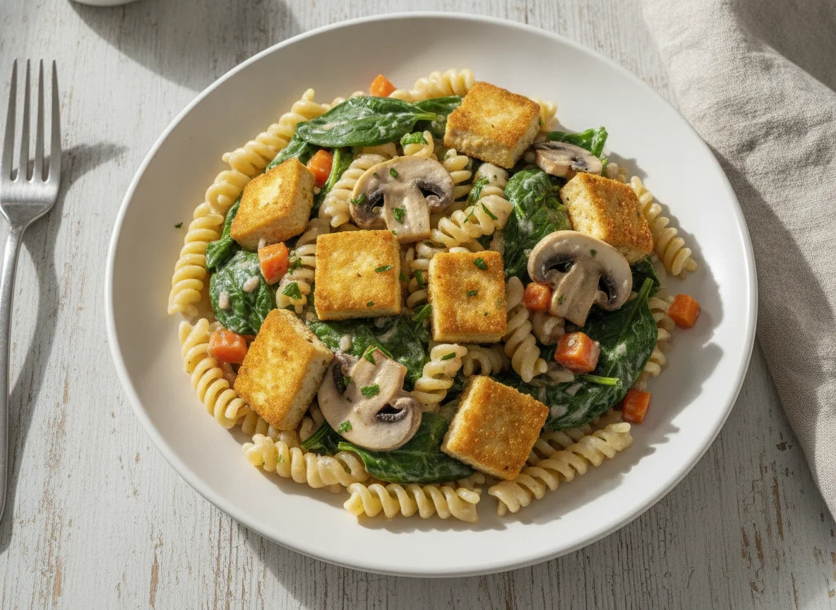Pasta mit Spinat, Pilzen und Tofu photo