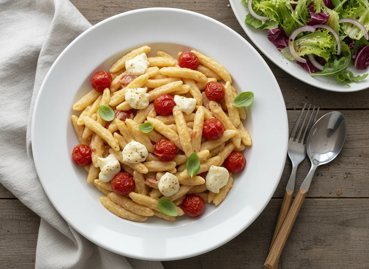 Pasta mit Tomaten und Mozzarella mit Beilagensalat photo