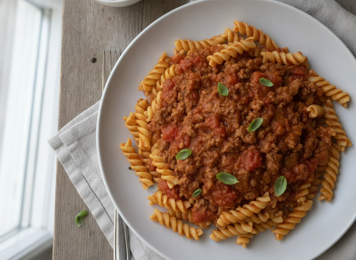 Pasta mit Tomaten-Hackfleisch-Sauce photo