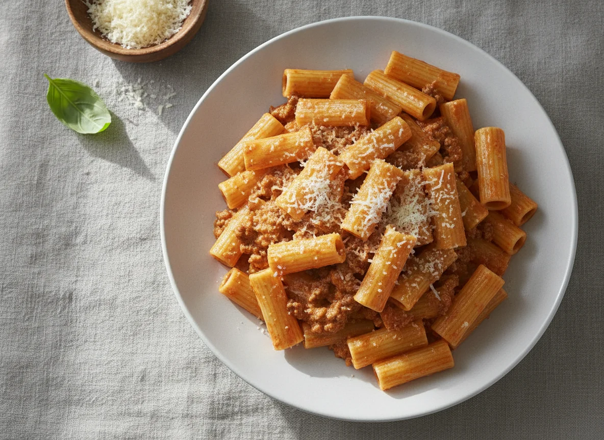 Pasta mit Tomaten-Sahne-Sauce und Hackfleisch photo