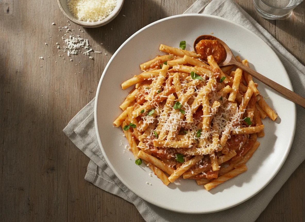 Pasta mit Tomaten-Sahnesauce und Käse photo