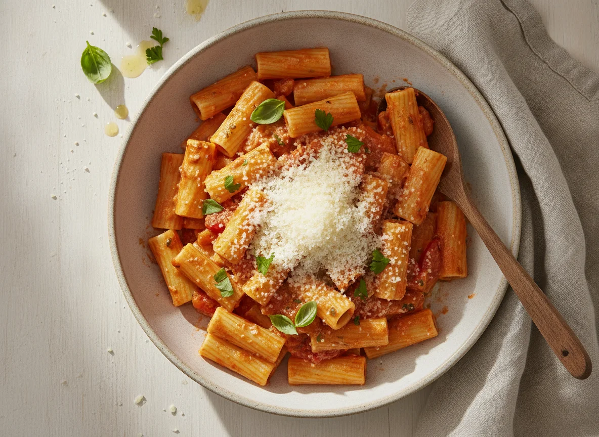 Pasta mit Tomaten-Sahnesauce und Parmesan photo