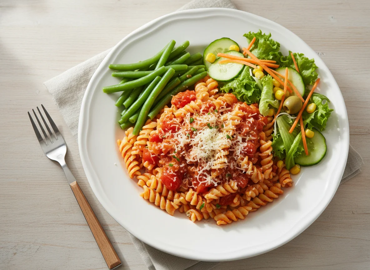 Pasta mit Tomatensauce, Bohnen und Salat photo