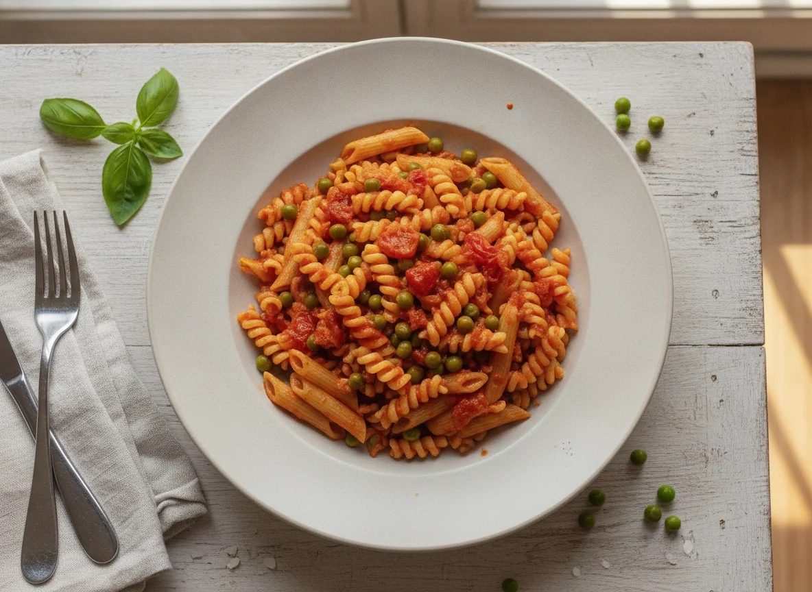 Pasta mit Tomatensauce und Erbsen photo