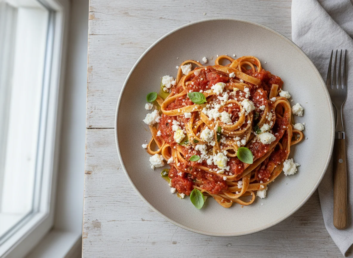 Pasta mit Tomatensauce und Feta photo