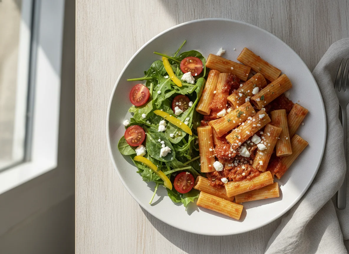 Pasta mit Tomatensauce und gemischtem Salat photo