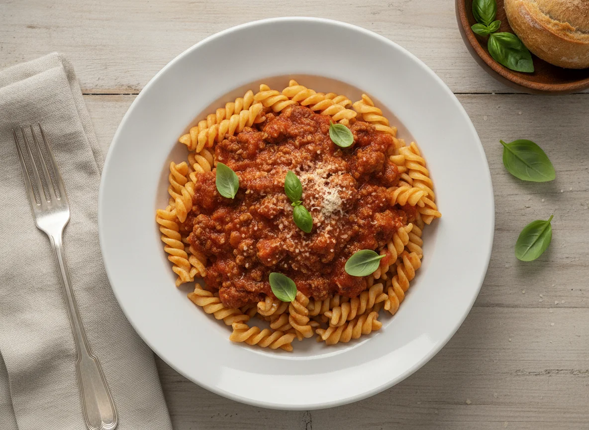 Pasta mit Tomatensauce und Hackfleisch photo