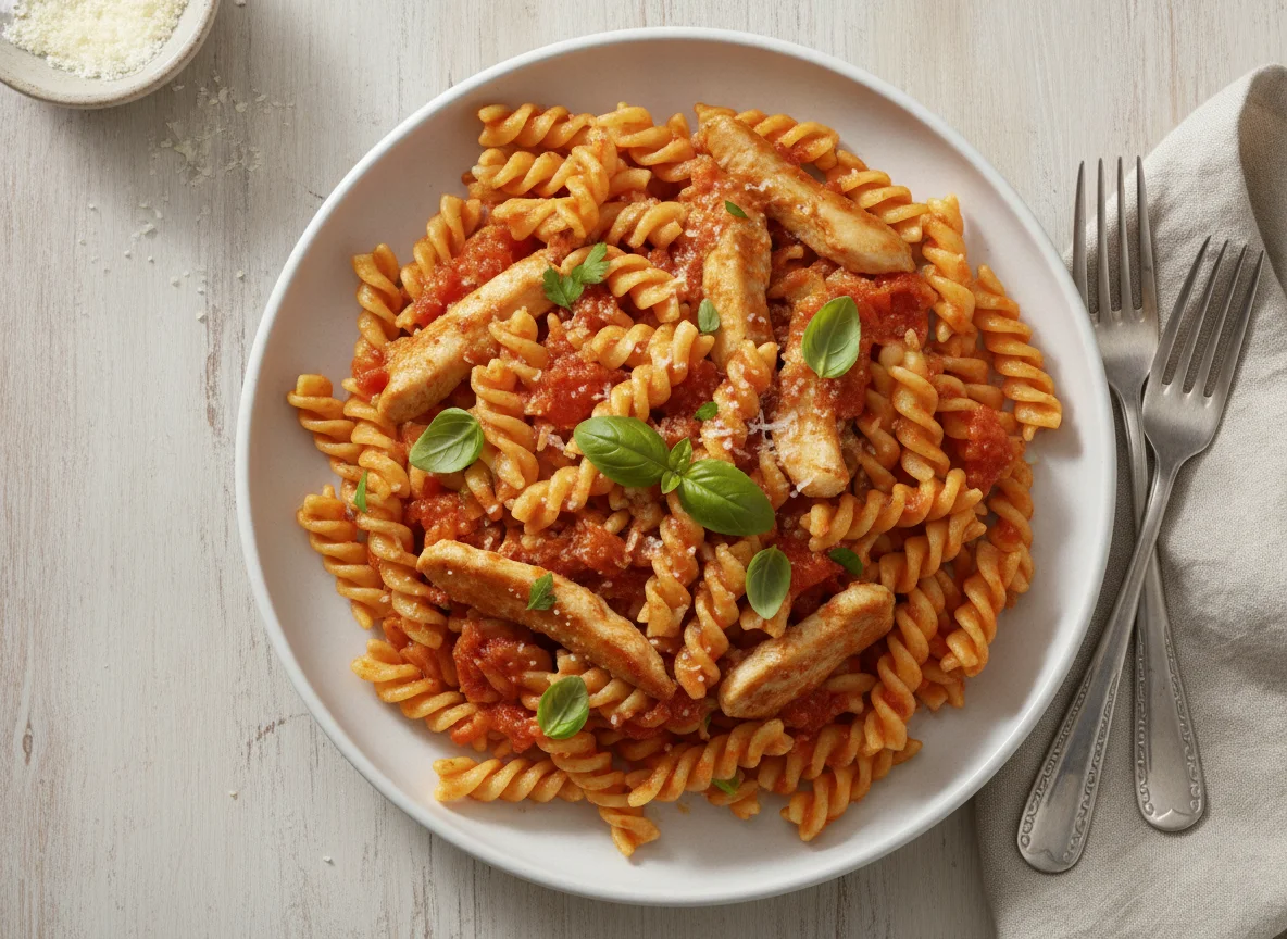 Pasta mit Tomatensauce und Hähnchen photo