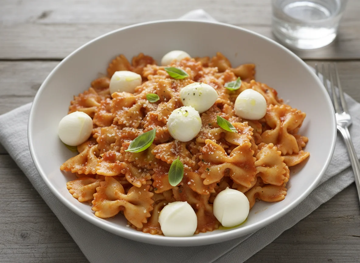 Pasta mit Tomatensauce und Mozzarella photo