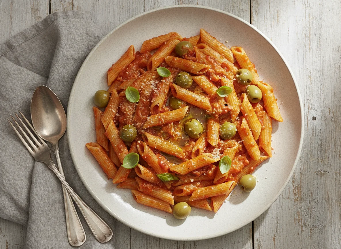 Pasta mit Tomatensauce und Oliven photo