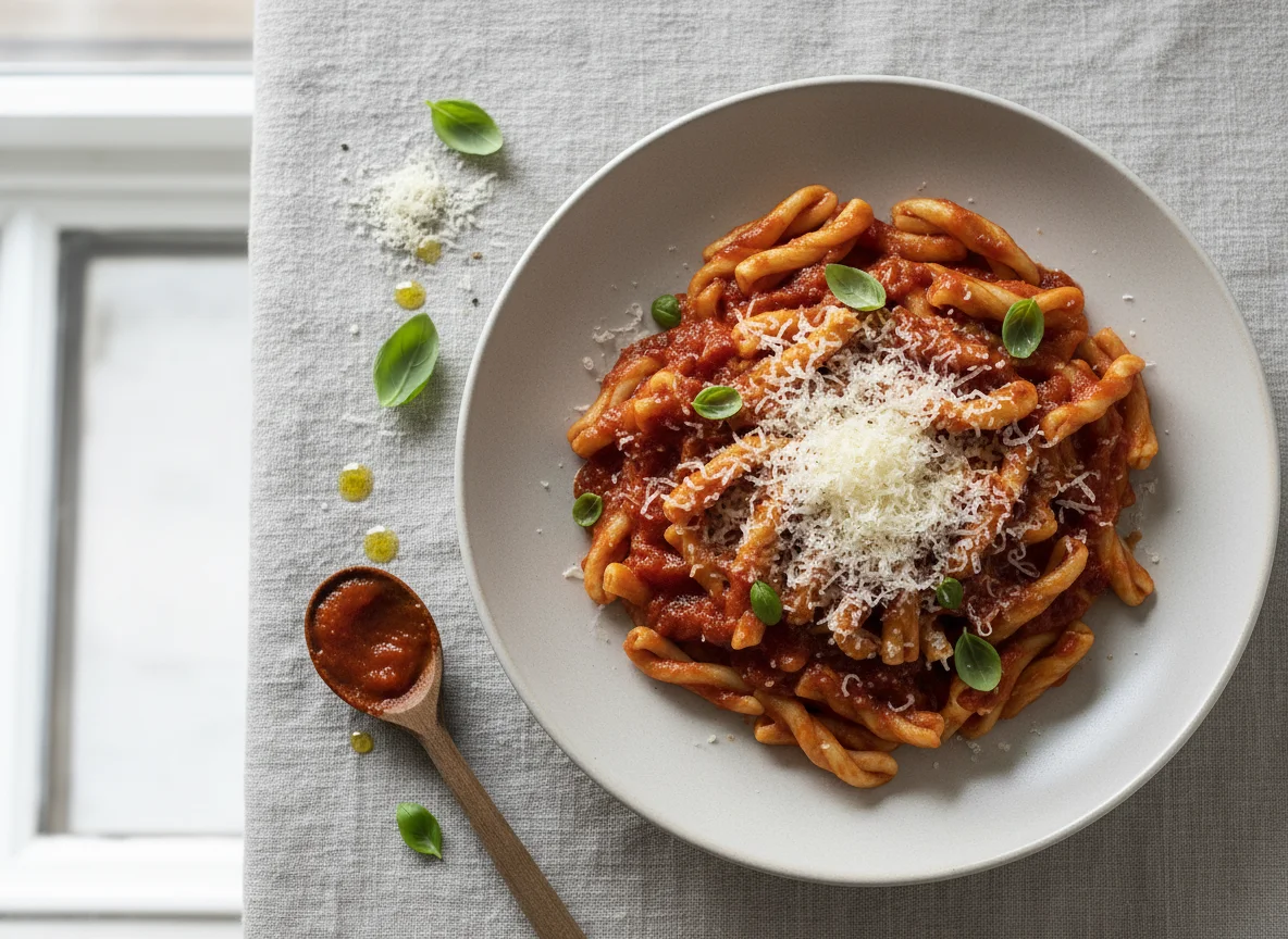 Pasta mit Tomatensauce und Parmesan photo