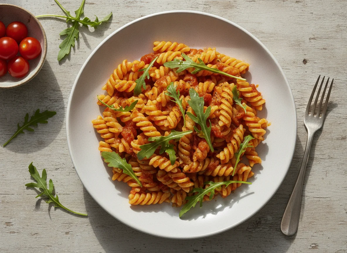Pasta mit Tomatensauce und Rucola photo