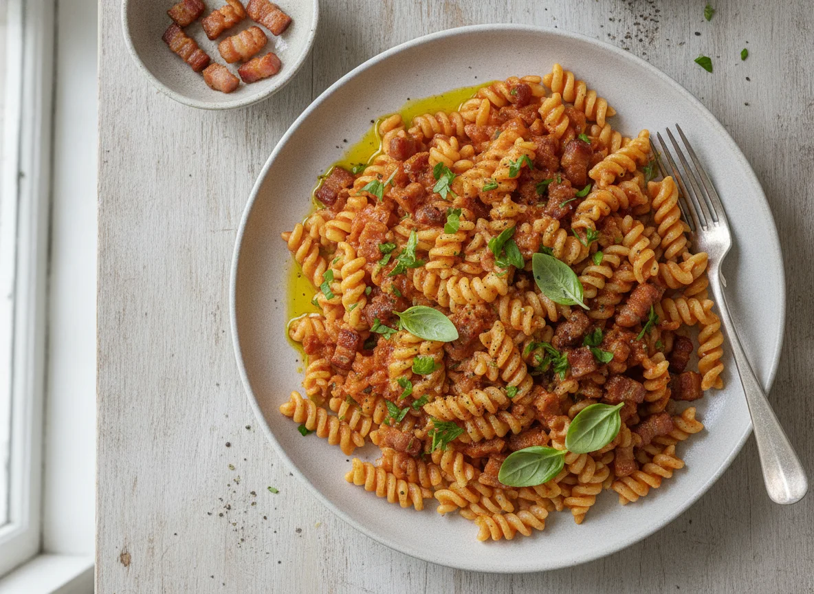 Pasta mit Tomatensauce und Speck photo