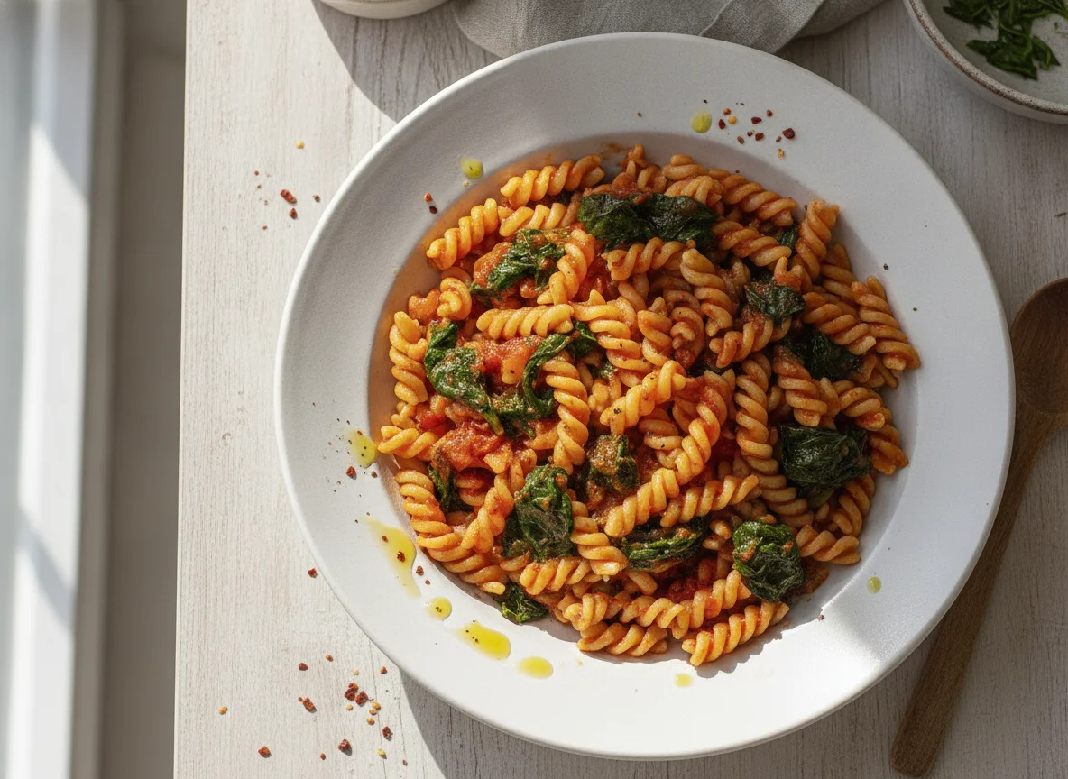 Pasta mit Tomatensauce und Spinat photo