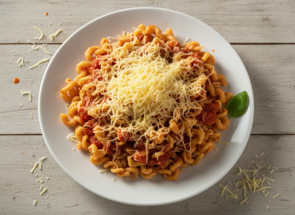 Pasta mit Tomatensauce und viel Käse photo