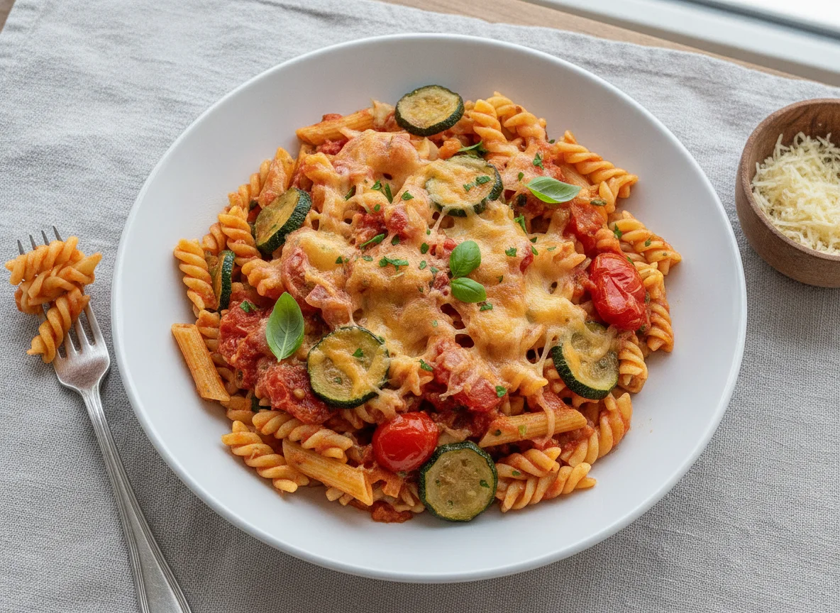 Pasta mit Tomatensauce und Zucchini photo