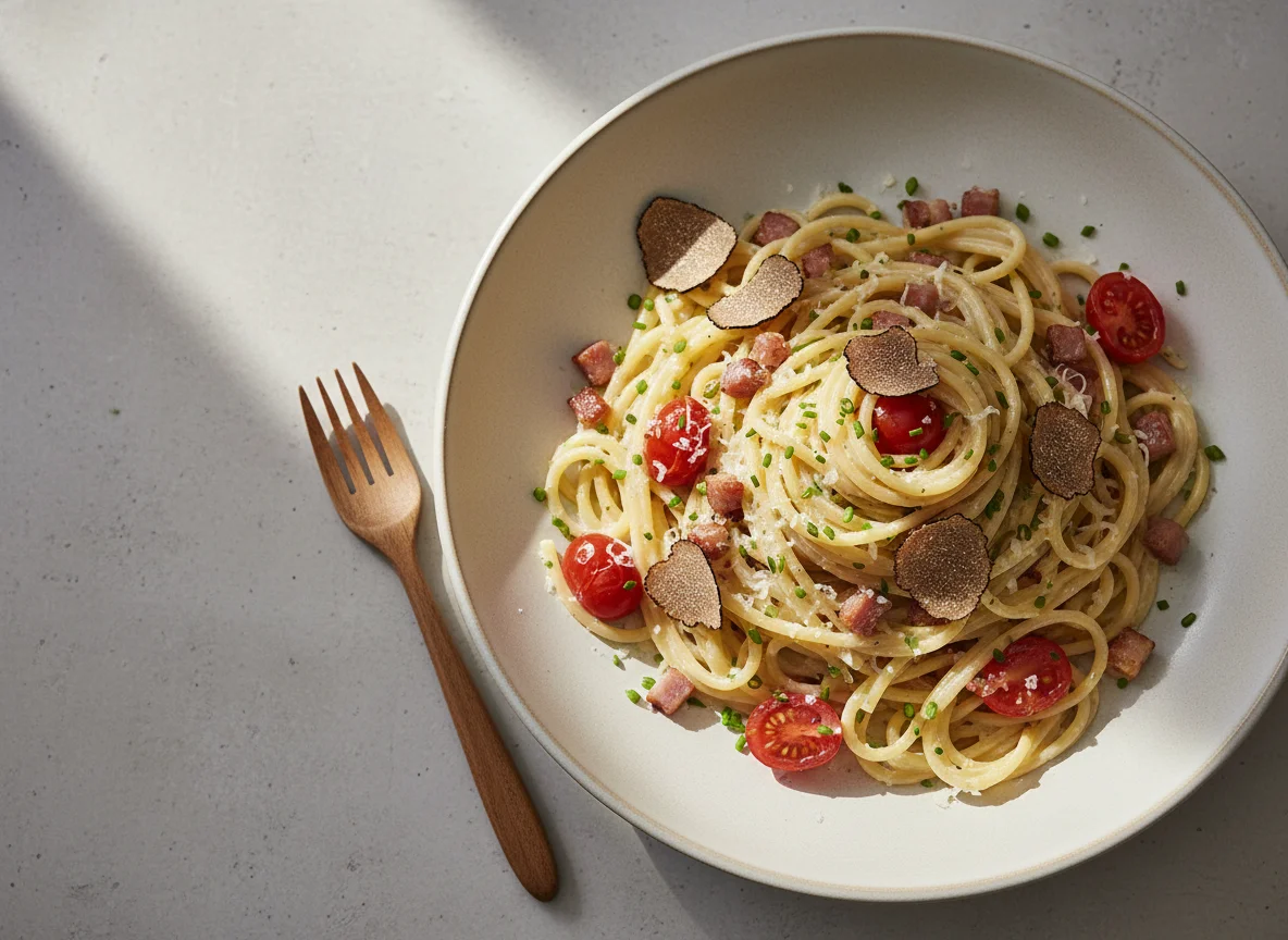 Pasta mit Trüffel, Speck und Kirschtomaten photo