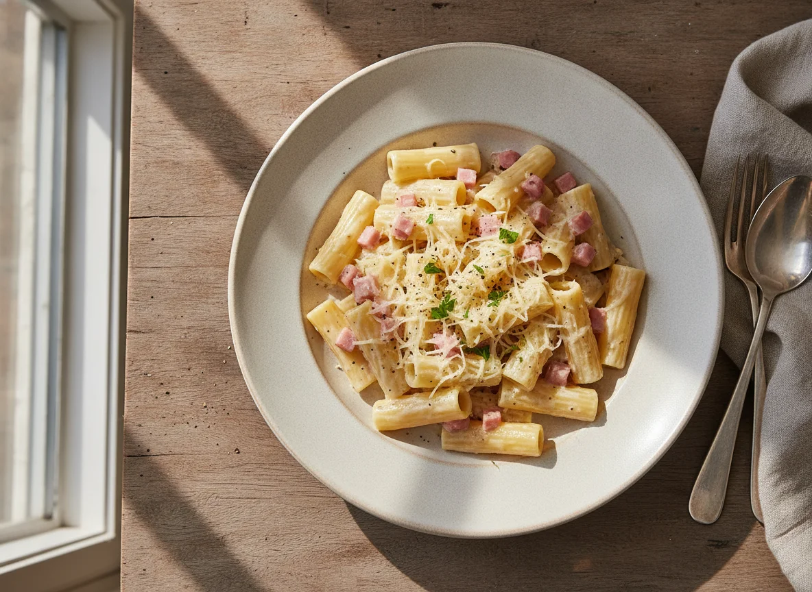 Pasta Schinken-Sahne-Sauce photo