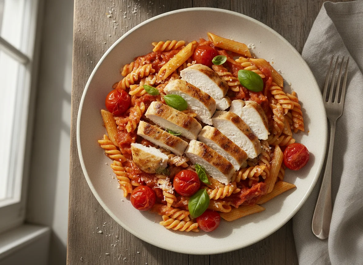 Pasta Toscana Style mit Hähnchenfilet photo