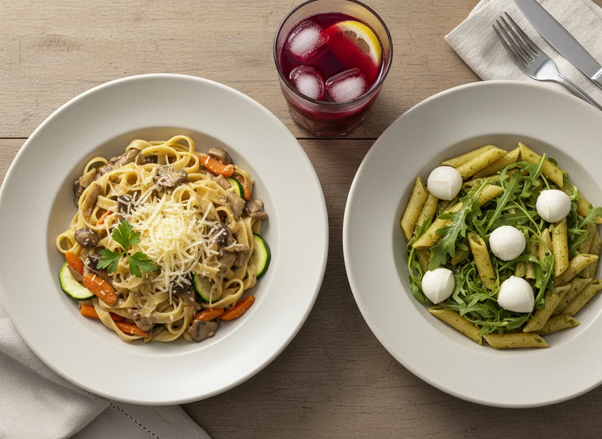 Pasta-Gerichte mit Getränk photo