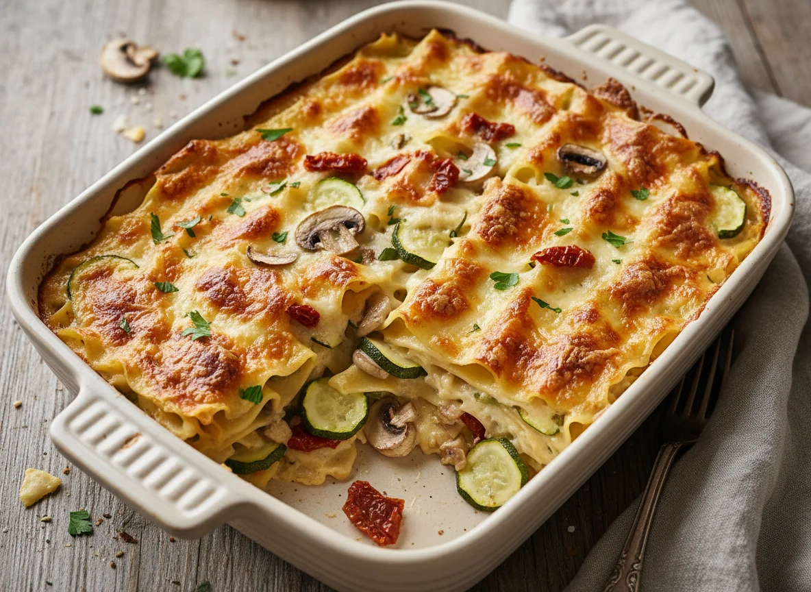 Pasta-Gratin mit Pilzen und Zucchini photo
